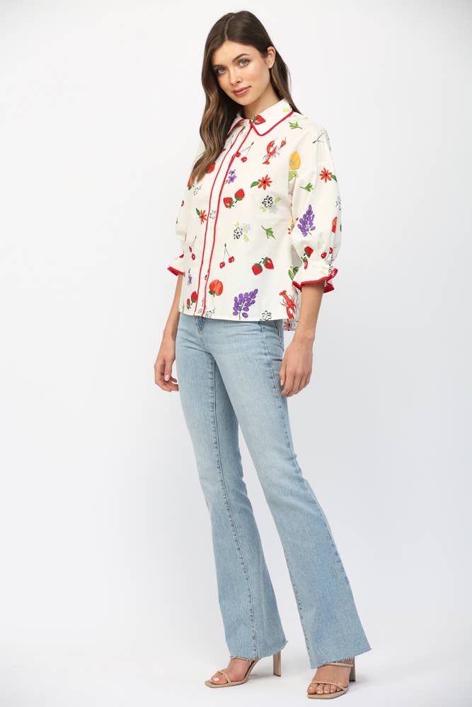 PIPING SUMMER PRINT BUTTON DOWN BLOUSE