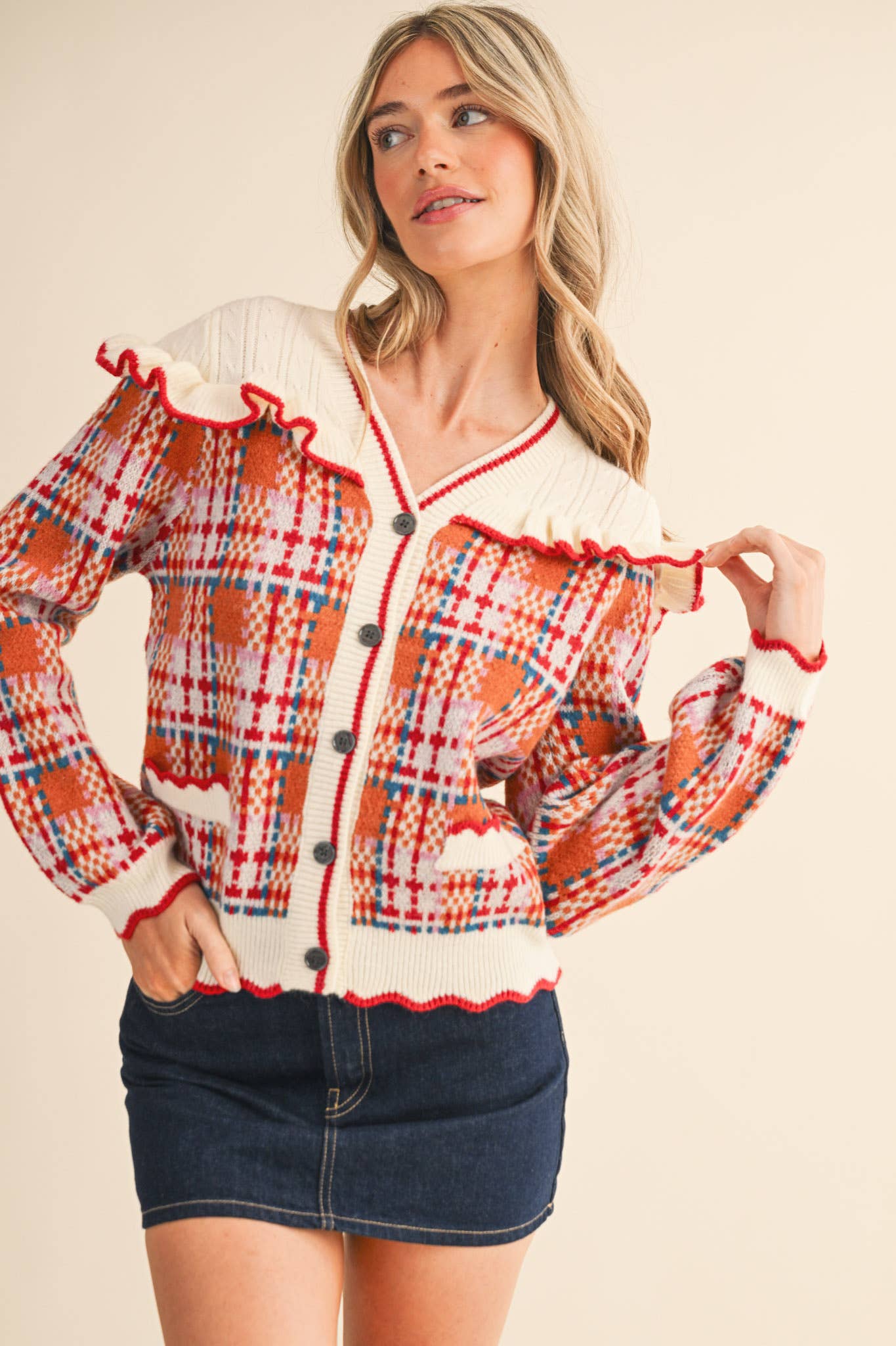 RUFFLED YOKE PLAID SWEATER CARDIGAN- Preorder