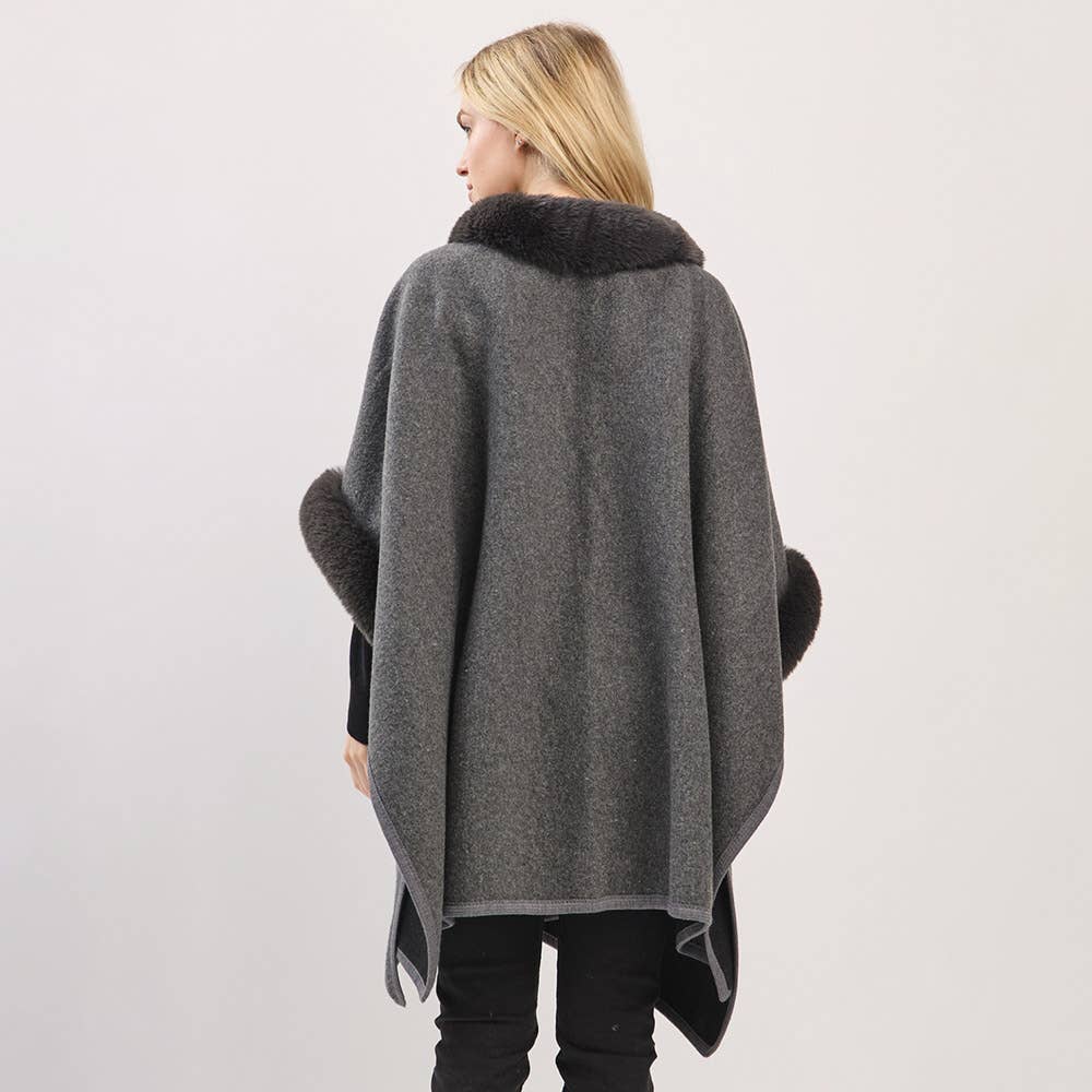 Faux Fur Trim Toggle Clasp Front Cape Wrap Poncho