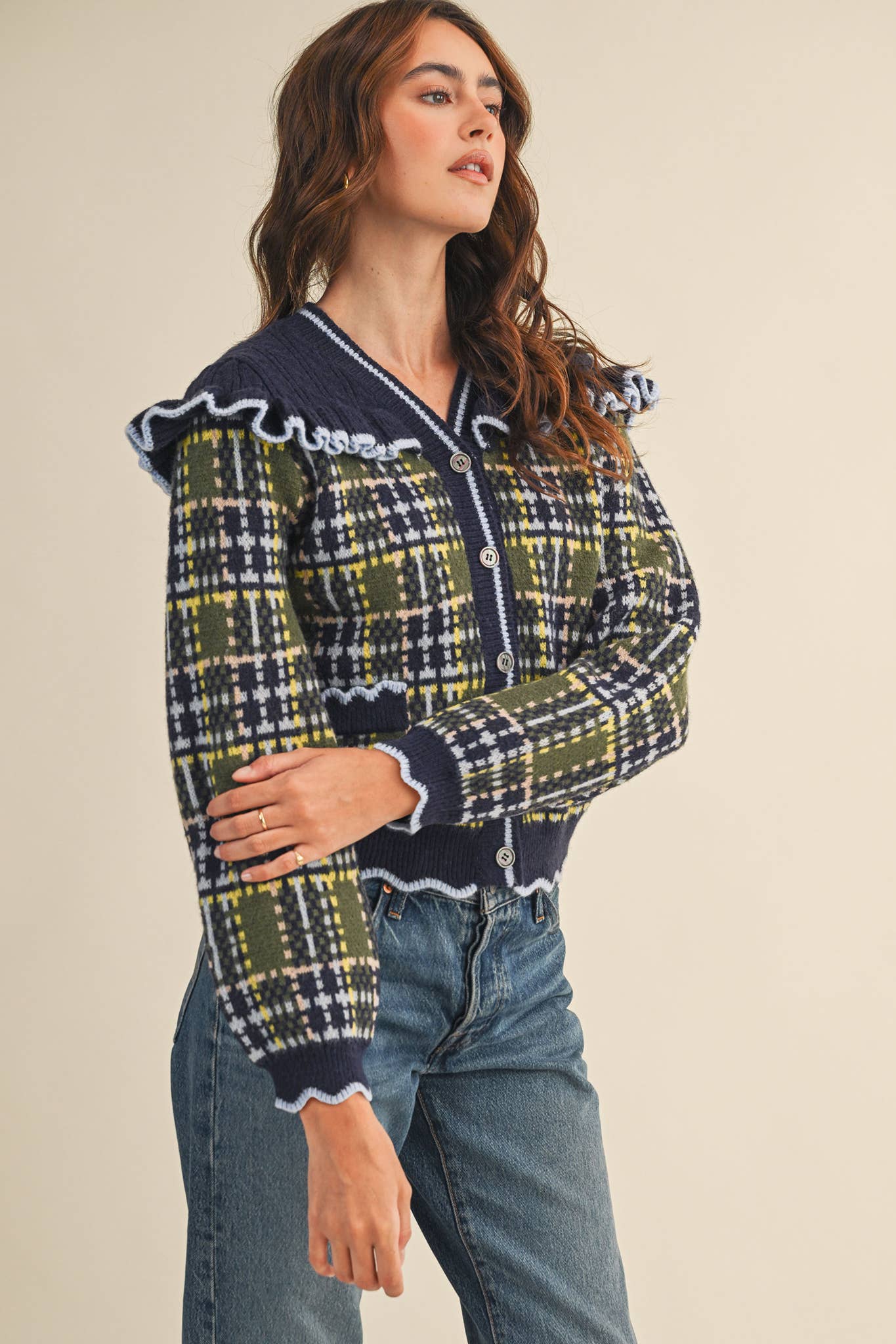 RUFFLED YOKE PLAID SWEATER CARDIGAN- Preorder