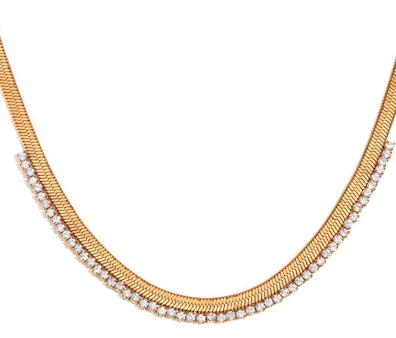 Cecile-Herringbone CZ- Steel Necklace- 14K