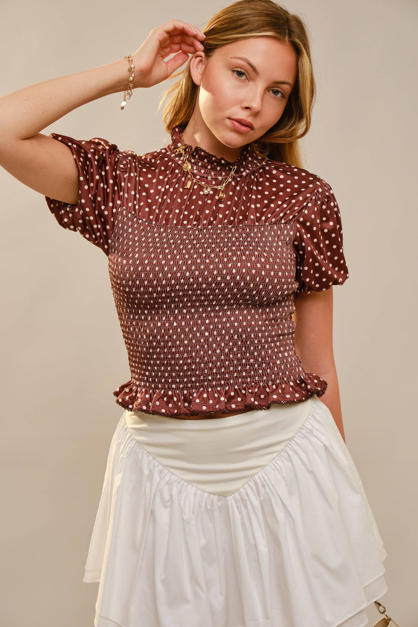 Polka Dot Smocked Mock Neck Top