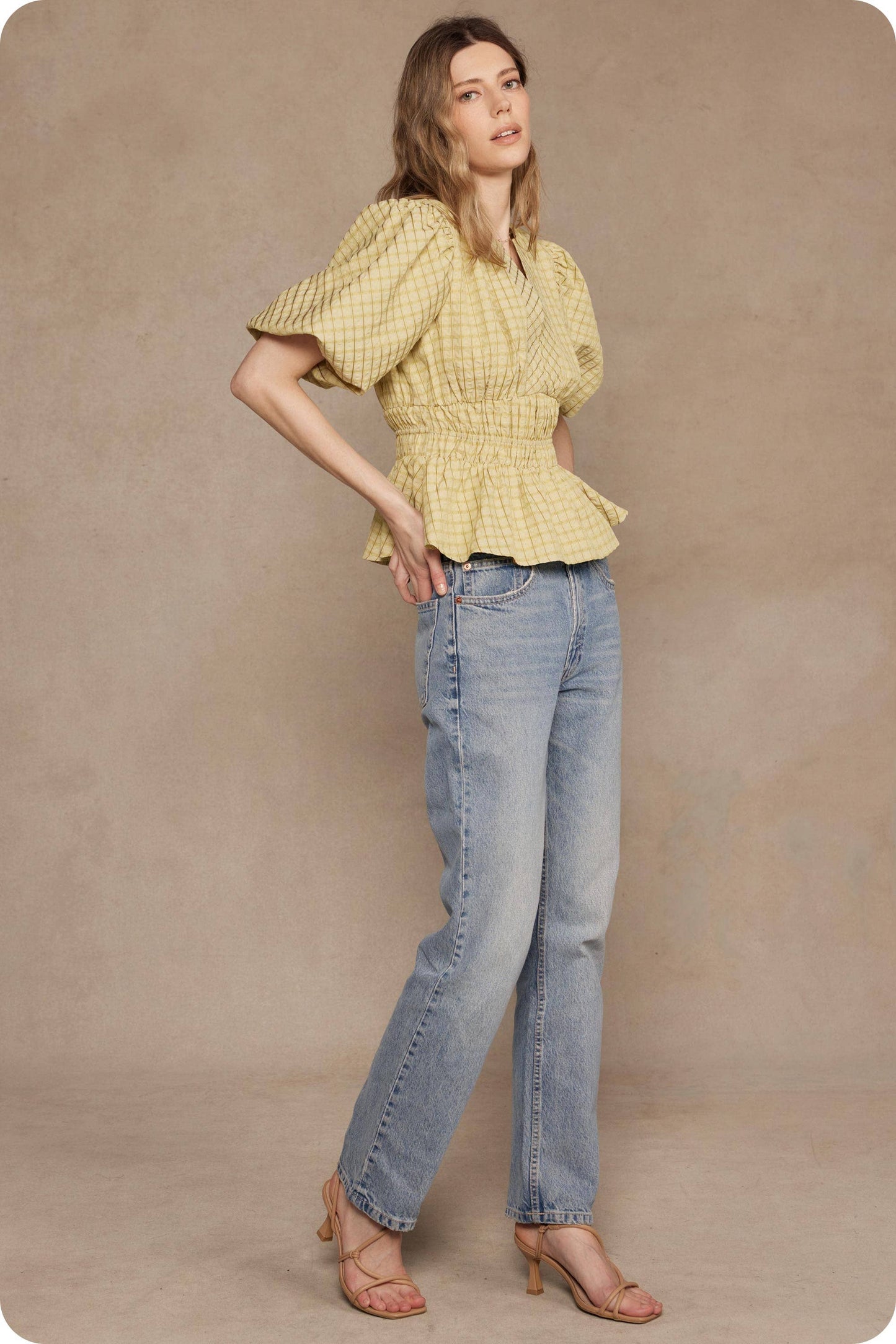 Checkered Puff Sleeve Blouse