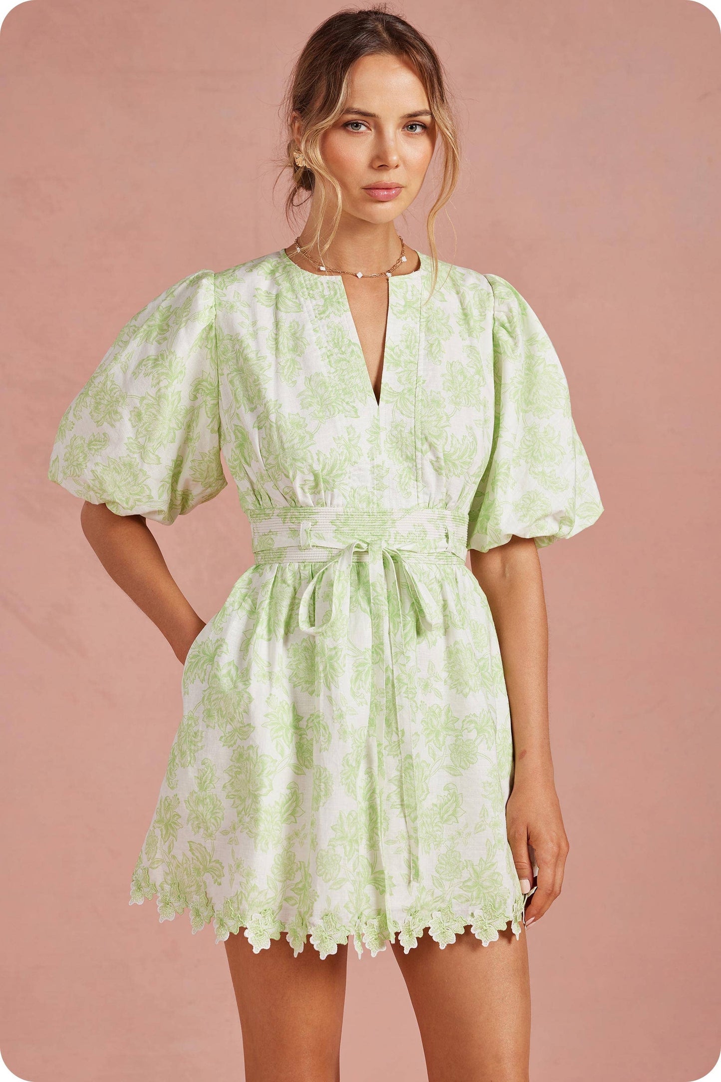 Botanical Garden Scallop Lace Puff Mini Dress