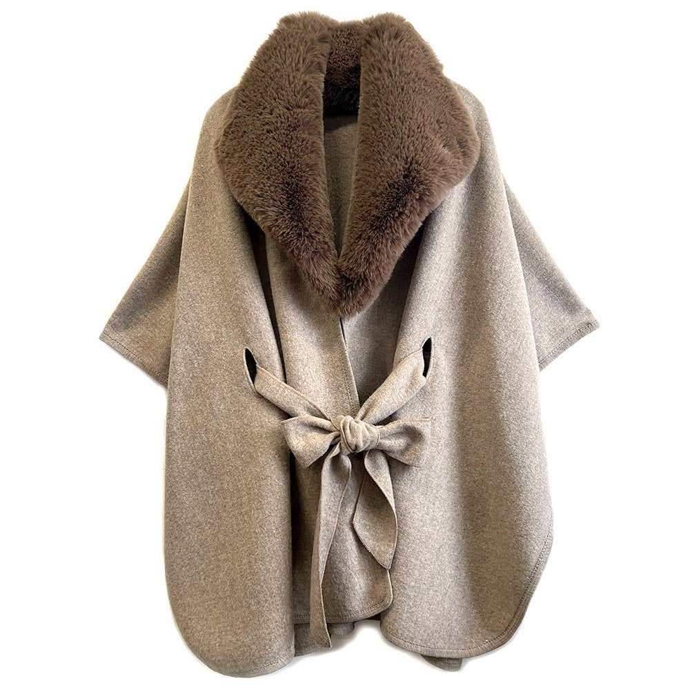 Faux Fur Collar Belted Poncho