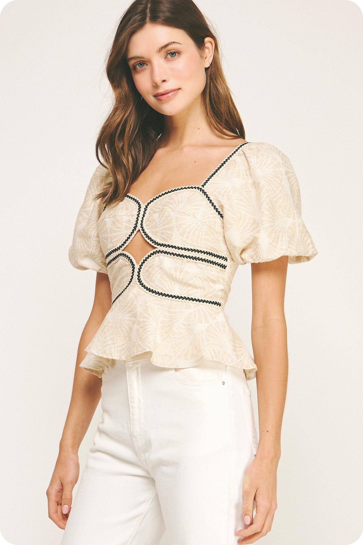 Contrast Braid Trim Detail Cotton Jacquard Top