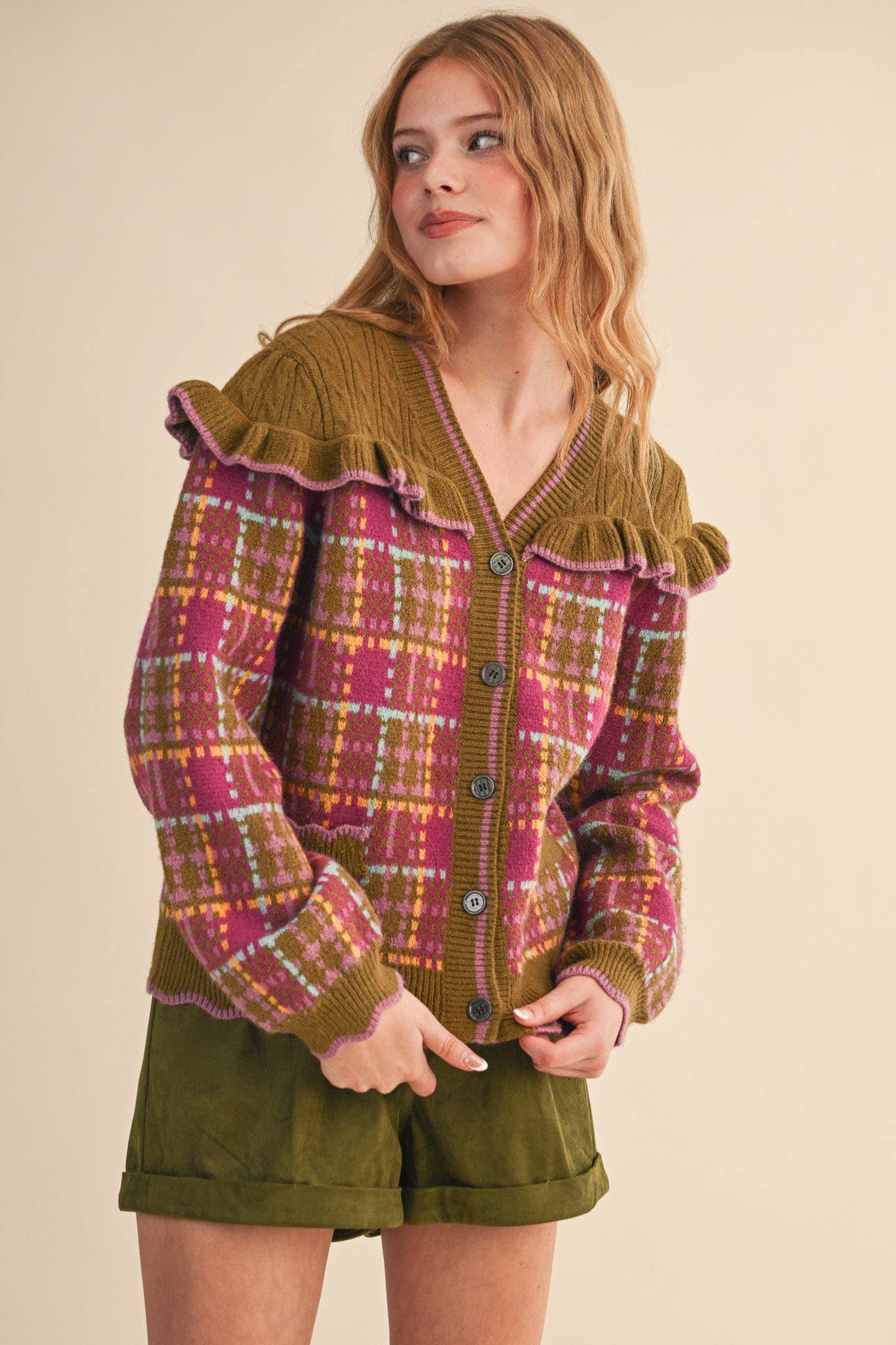 RUFFLED YOKE PLAID SWEATER CARDIGAN- Preorder