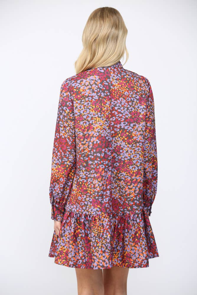 ABSTRACT ANIMAL PRINT TIE NECKLINE RUFFLE HEM DRESS