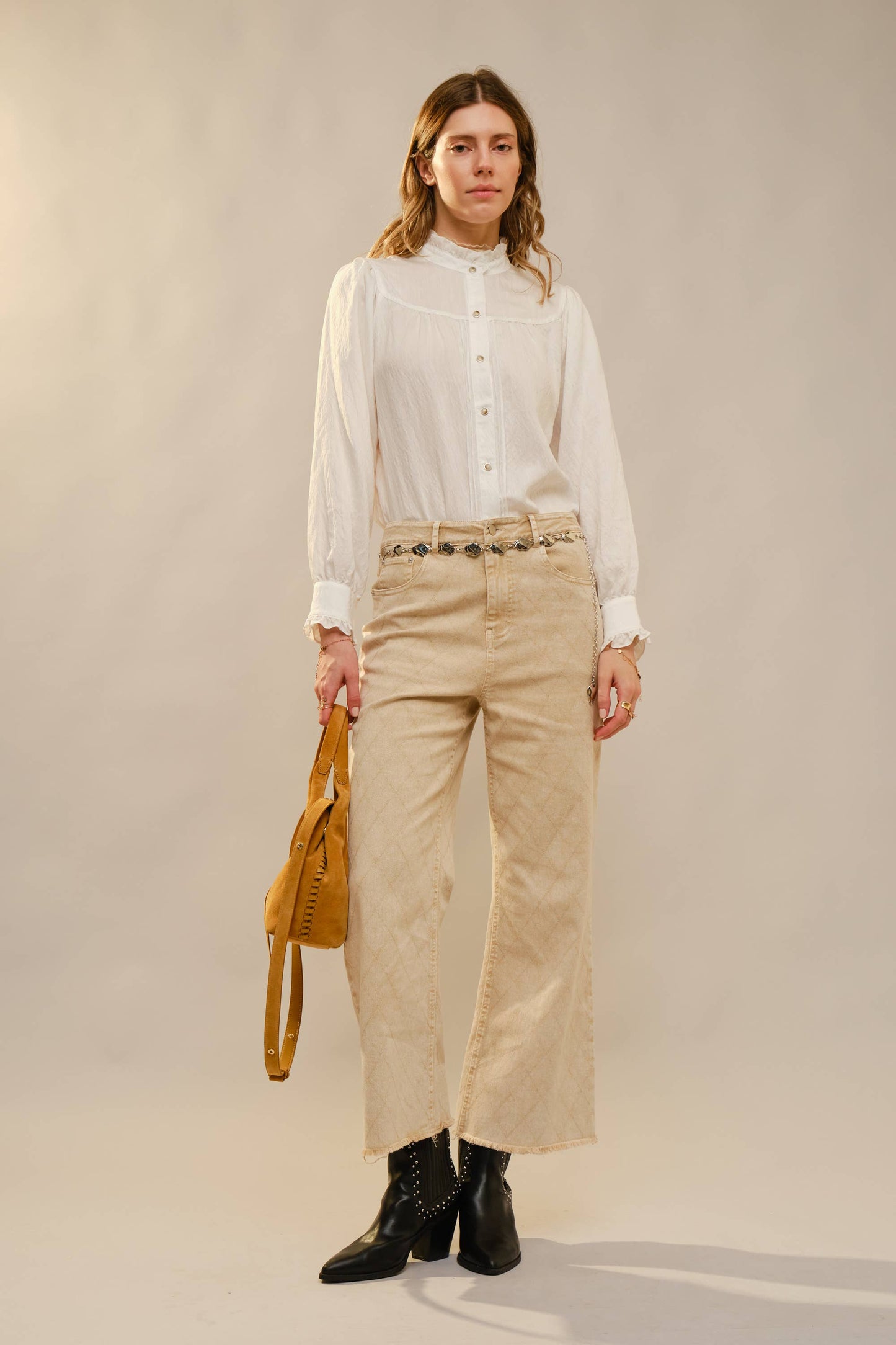 - Ruffle Neck Denim Snap Button Shirt