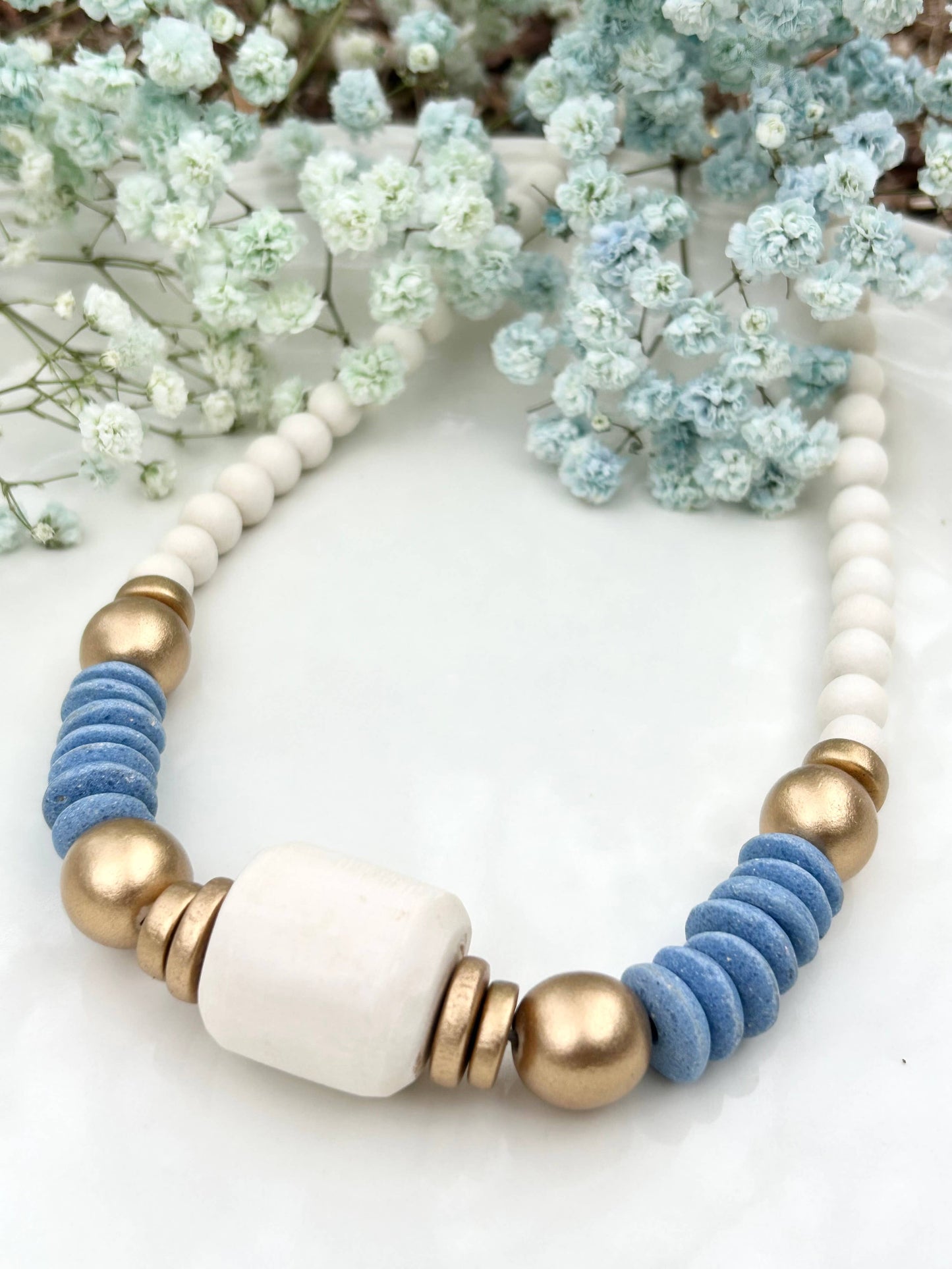 blue/ gold beaded statement necklace