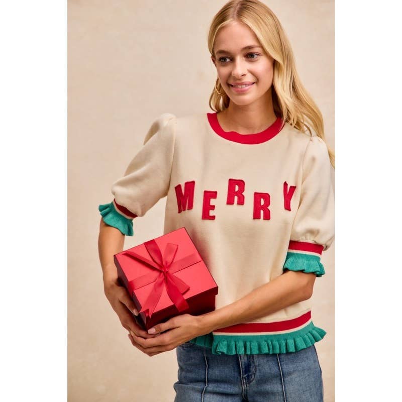 Christmas Merry Letter Patches Contrast Banded Top