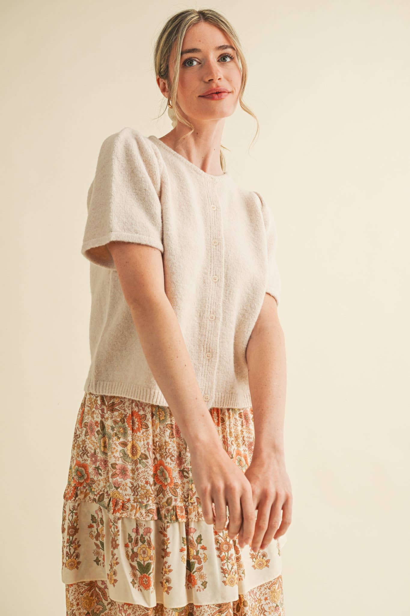 SHORT PUFF SLEEVE SWEATER CARDIGAN- more colors