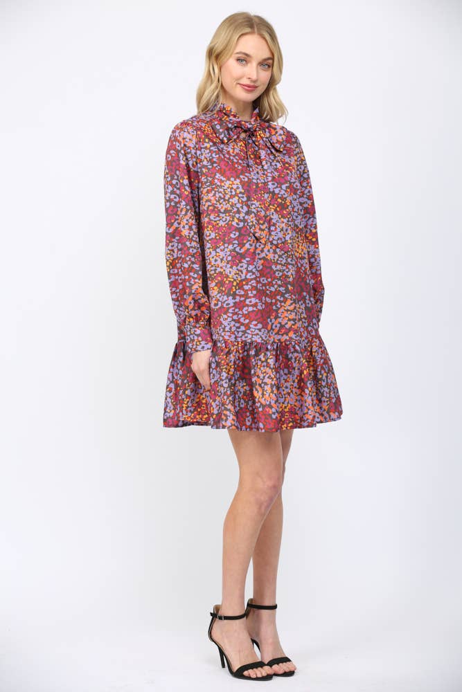 ABSTRACT ANIMAL PRINT TIE NECKLINE RUFFLE HEM DRESS