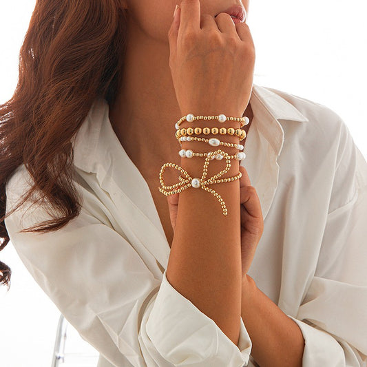 Multi Layer Beaded Pearl Bow Bracelet