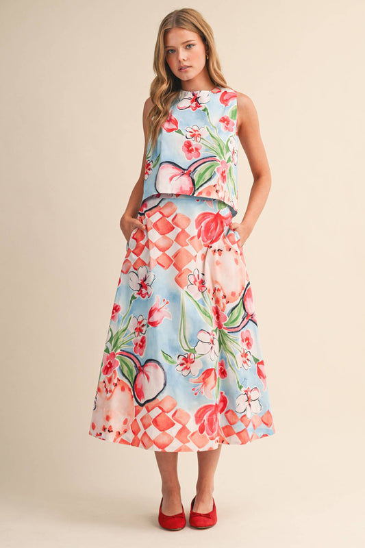 EXCLUSIVE FLORAL PRINT CROP TANK AND MIDI SKIRT SET MPST4719