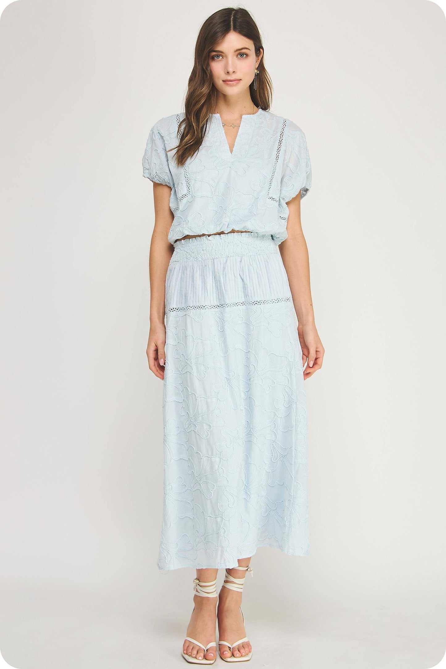 Floral Embroidery Cotton Lace Trim Skirt Top Set