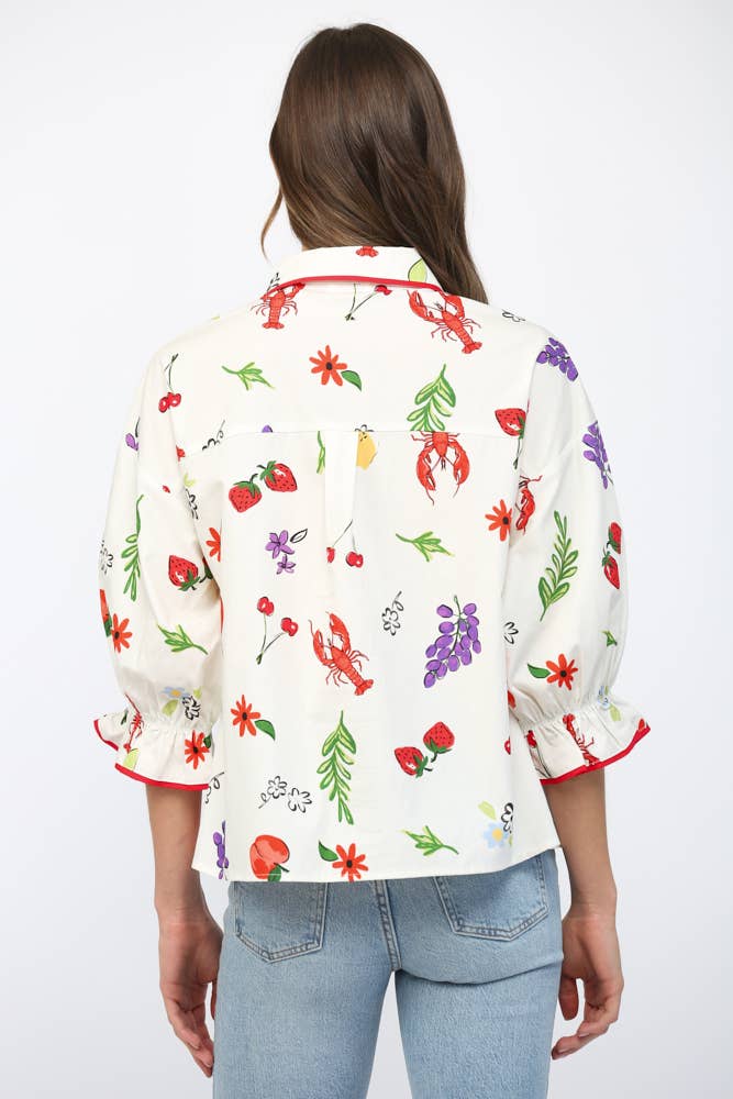 PIPING SUMMER PRINT BUTTON DOWN BLOUSE