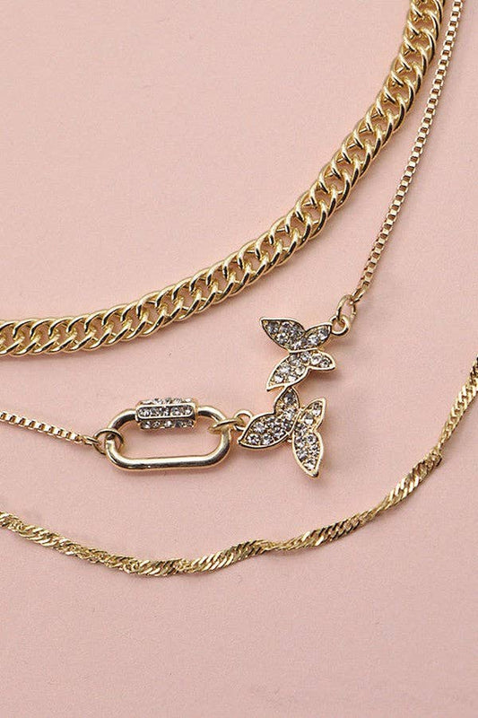 RHINESTONE BUTTERFLY LOCK MULTI CHAIN NECKLACE