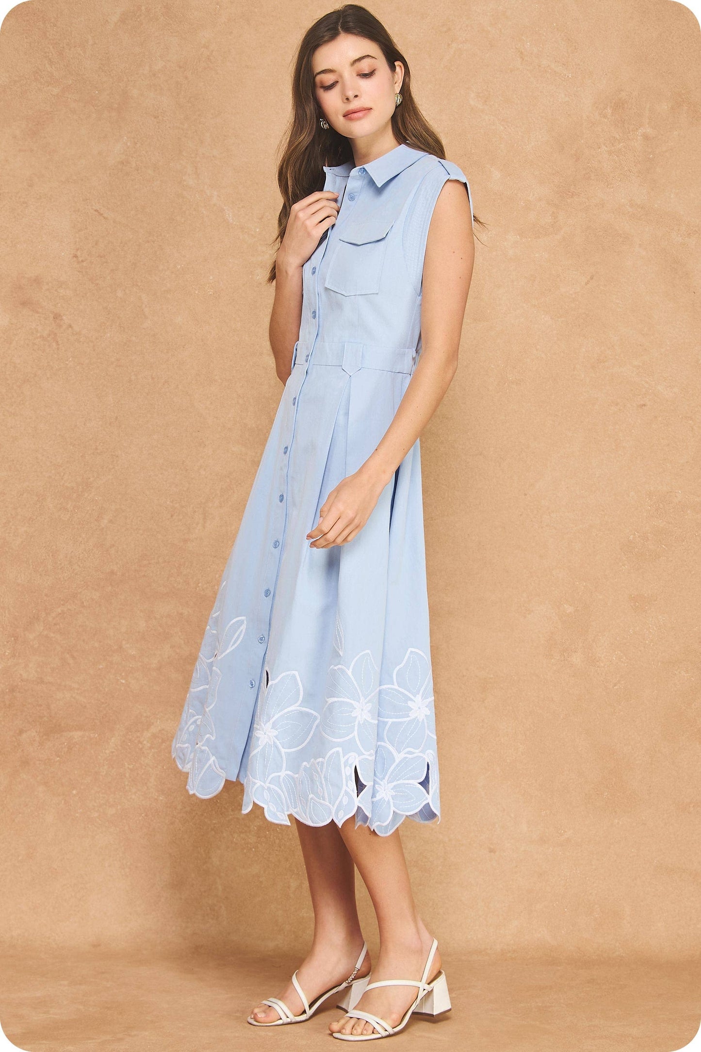 Floral Cut-Out Embroidery Twill Midi dress