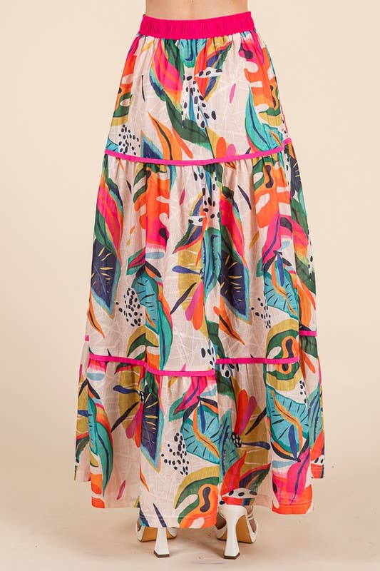 Abstract Print Tiered Maxi Skirt with Contrast Trim