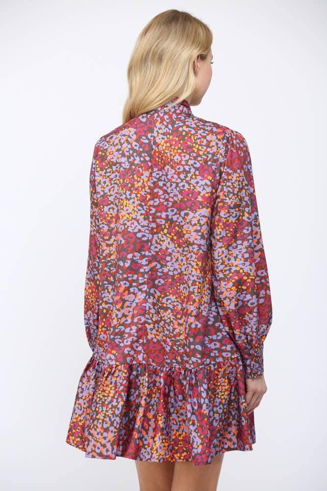 ABSTRACT ANIMAL PRINT TIE NECKLINE RUFFLE HEM DRESS