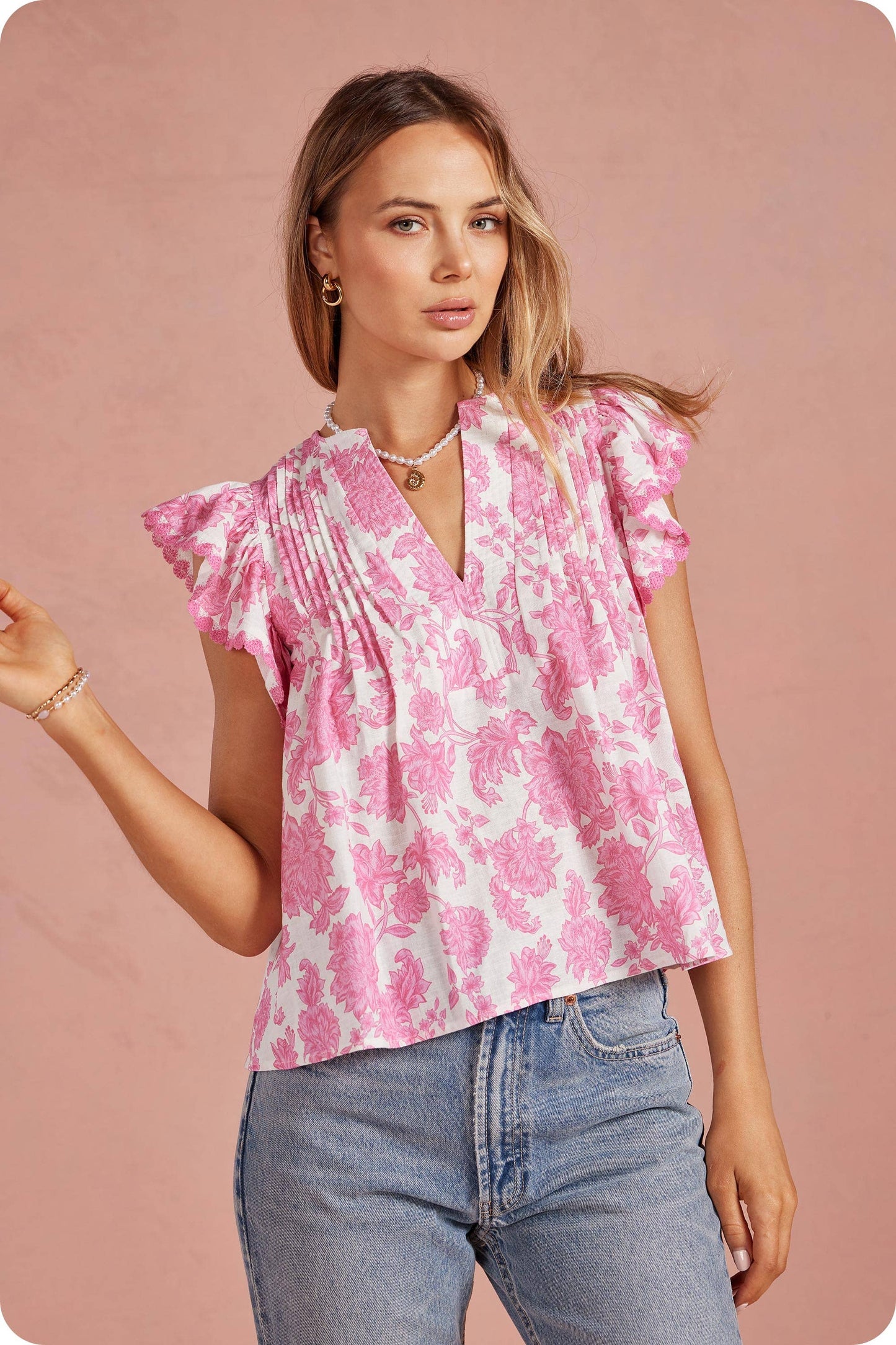 Botanical Garden Pintuck Detail Ruffle Sleeve Top