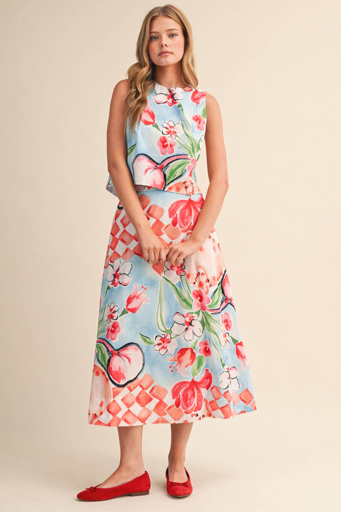 EXCLUSIVE FLORAL PRINT CROP TANK AND MIDI SKIRT SET MPST4719