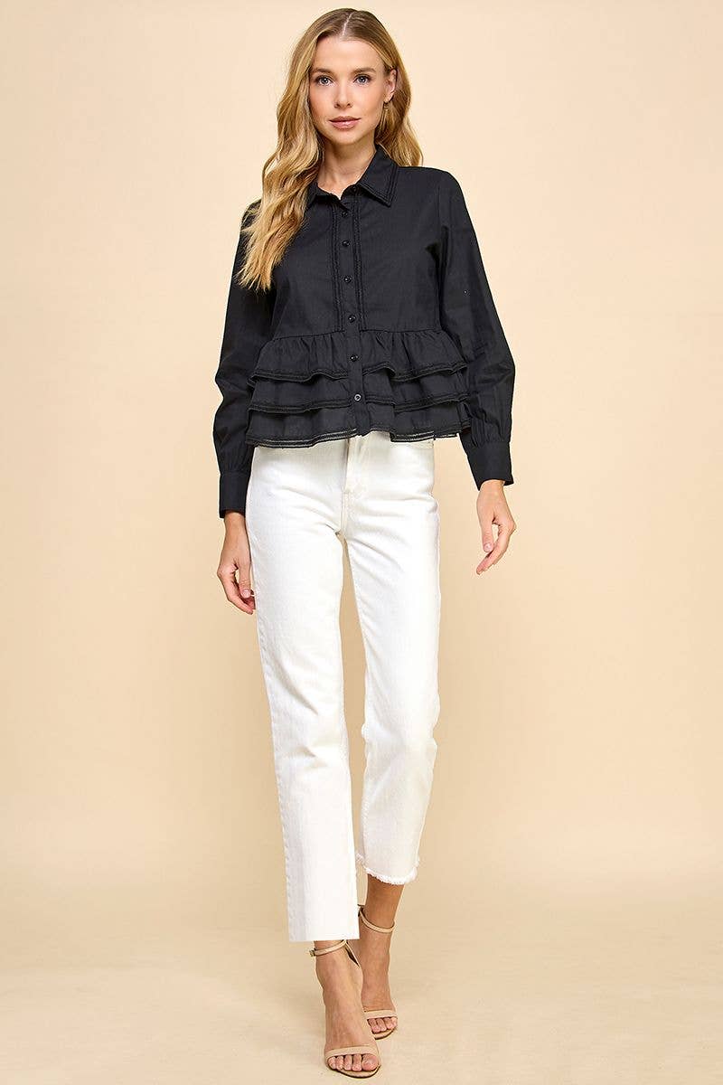 Button Up Long Sleeve Peplum Waist Top