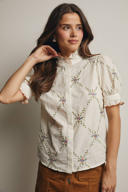 Embroidered Ruffle Collar Cotton Blouse- preorder