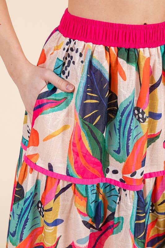 Abstract Print Tiered Maxi Skirt with Contrast Trim