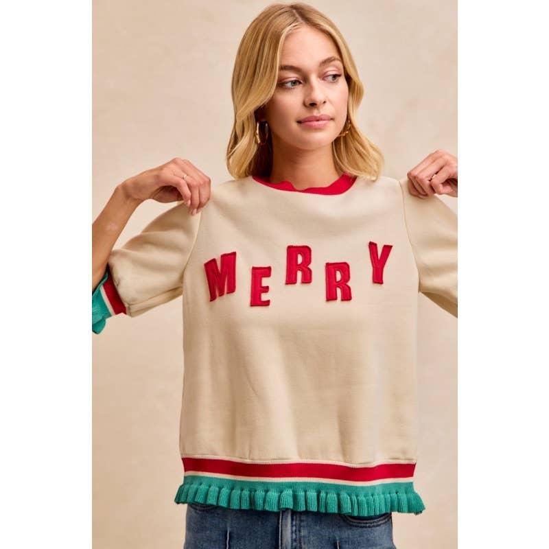 Christmas Merry Letter Patches Contrast Banded Top