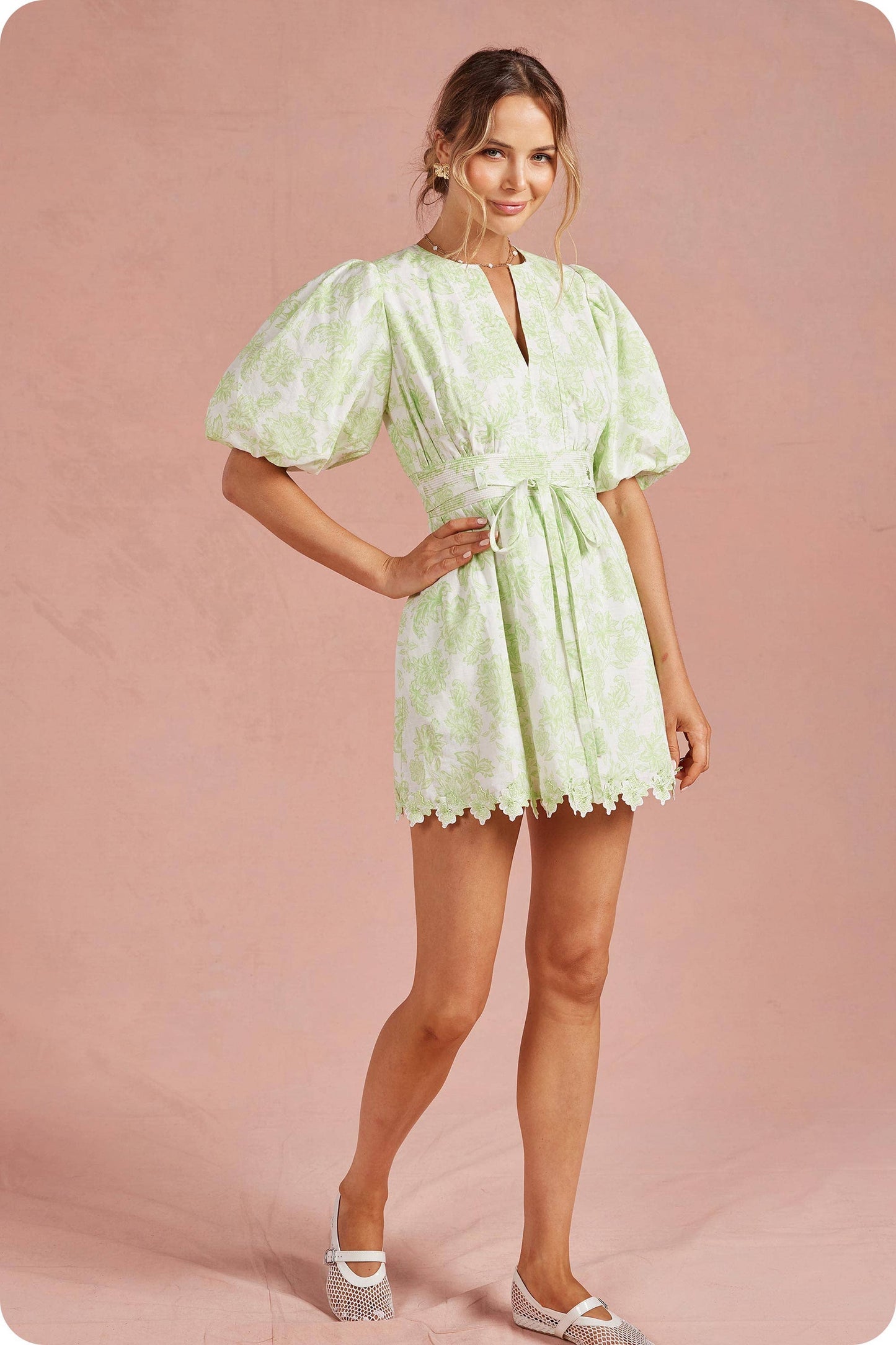 Botanical Garden Scallop Lace Puff Mini Dress