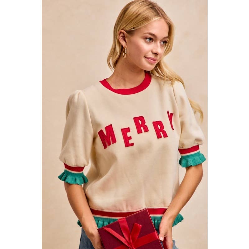Christmas Merry Letter Patches Contrast Banded Top