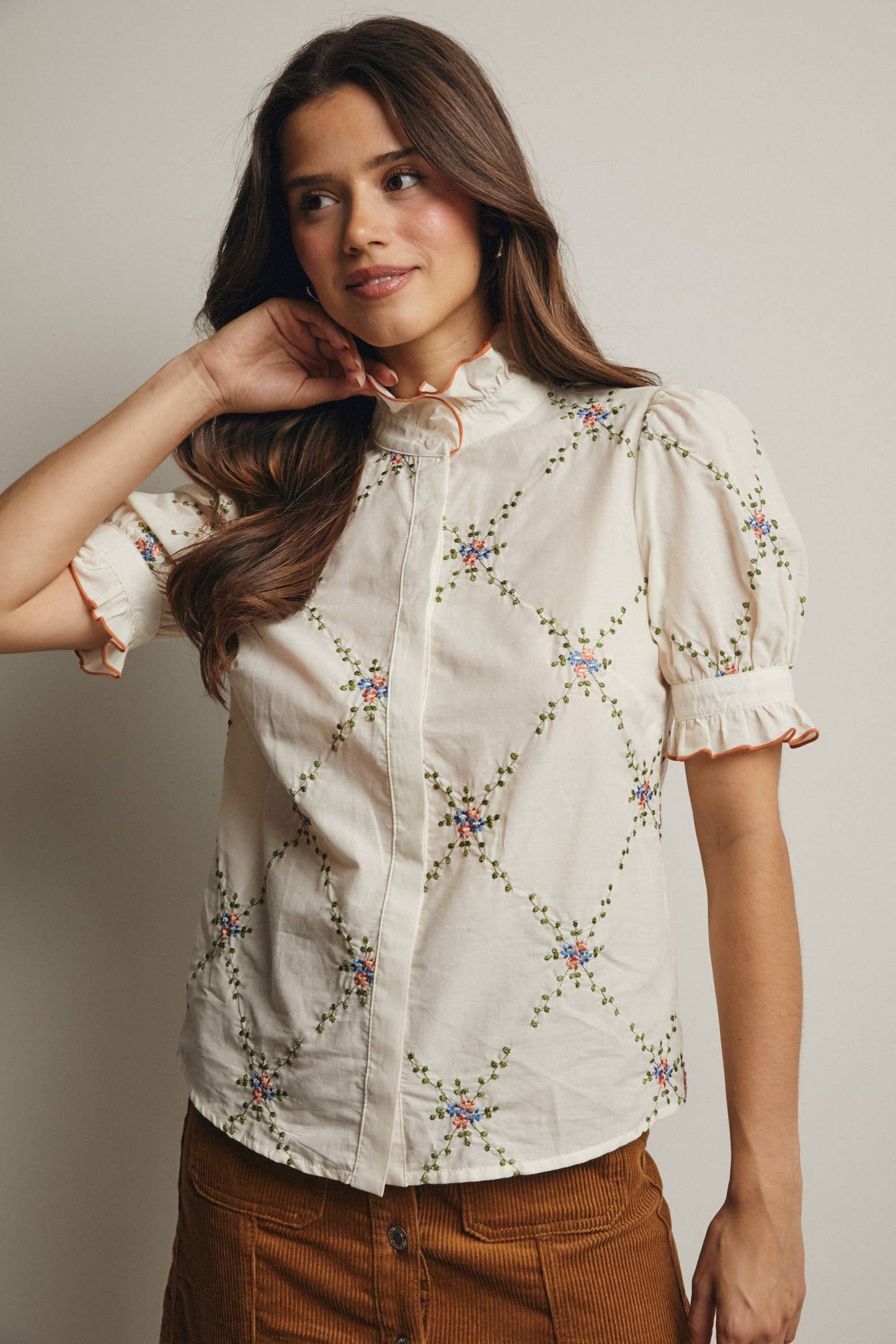 Embroidered Ruffle Collar Cotton Blouse- preorder
