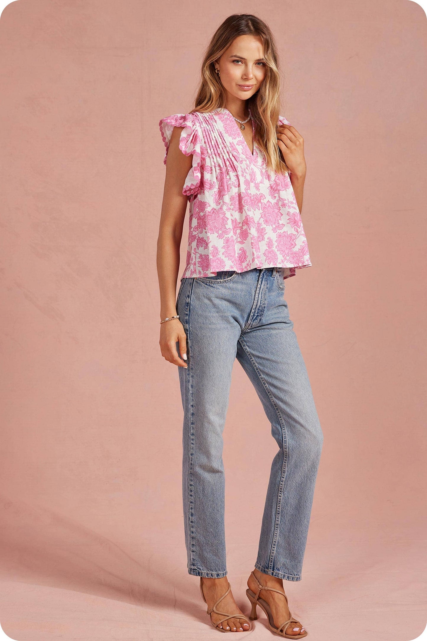 Botanical Garden Pintuck Detail Ruffle Sleeve Top