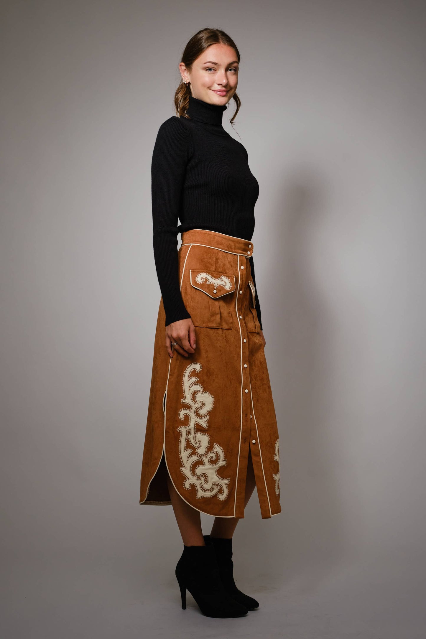 Suede Patch Midi Skirt