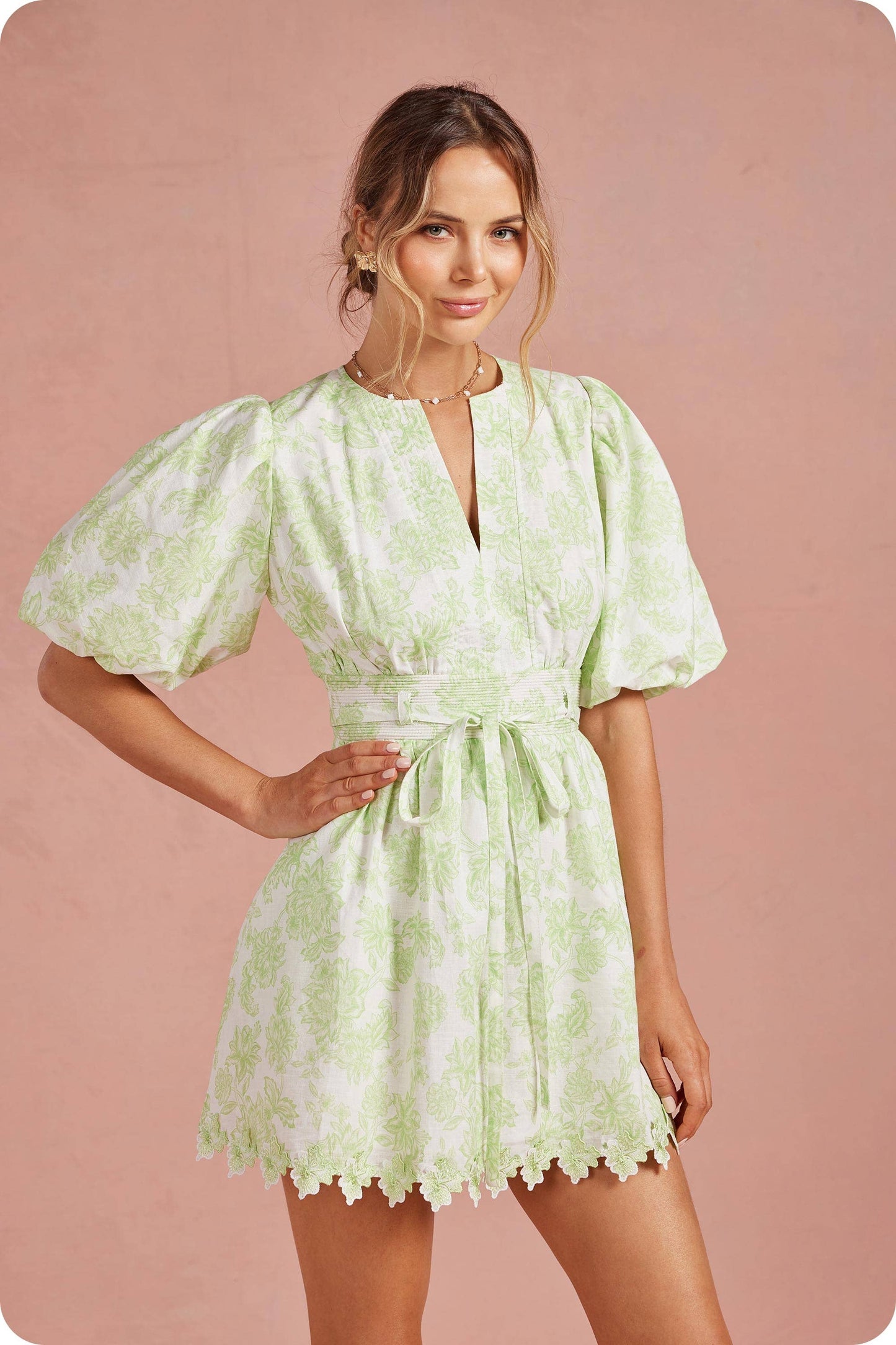 Botanical Garden Scallop Lace Puff Mini Dress
