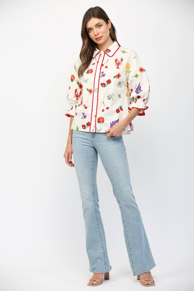 PIPING SUMMER PRINT BUTTON DOWN BLOUSE