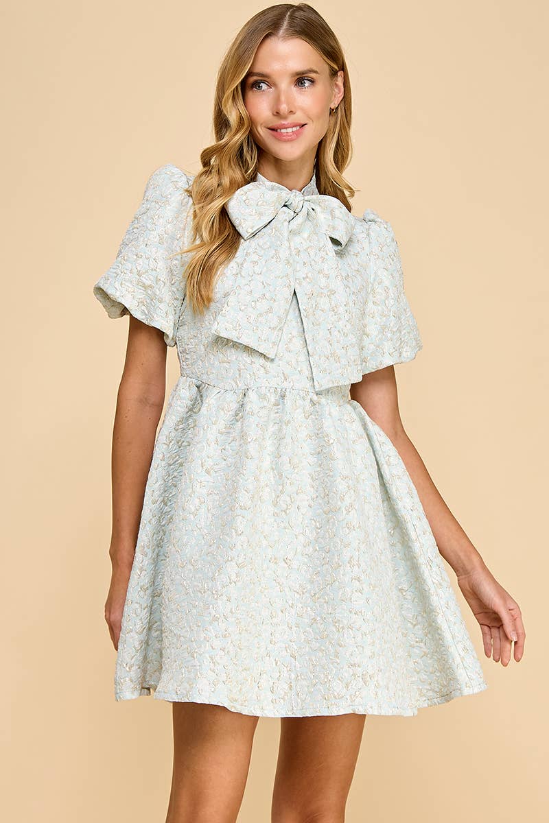 Jacquard Puff Sleeve Pussy Bow Detail Dress