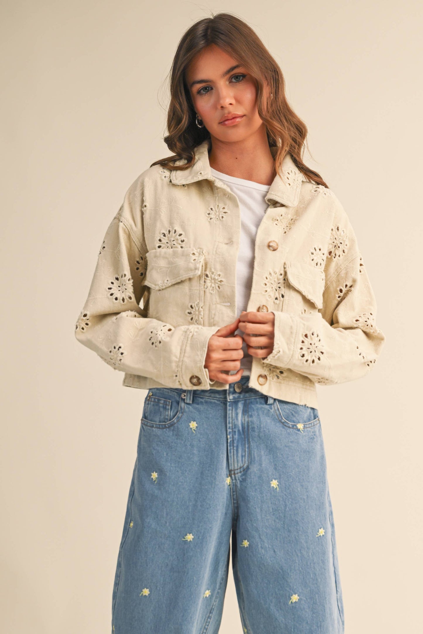 EYELET TWILL CROPPED JACKET