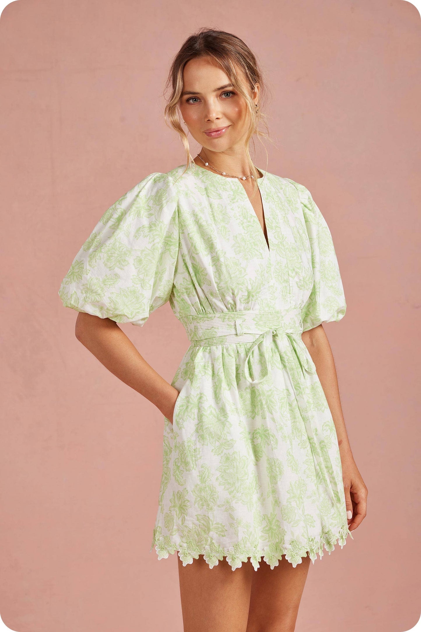 Botanical Garden Scallop Lace Puff Mini Dress