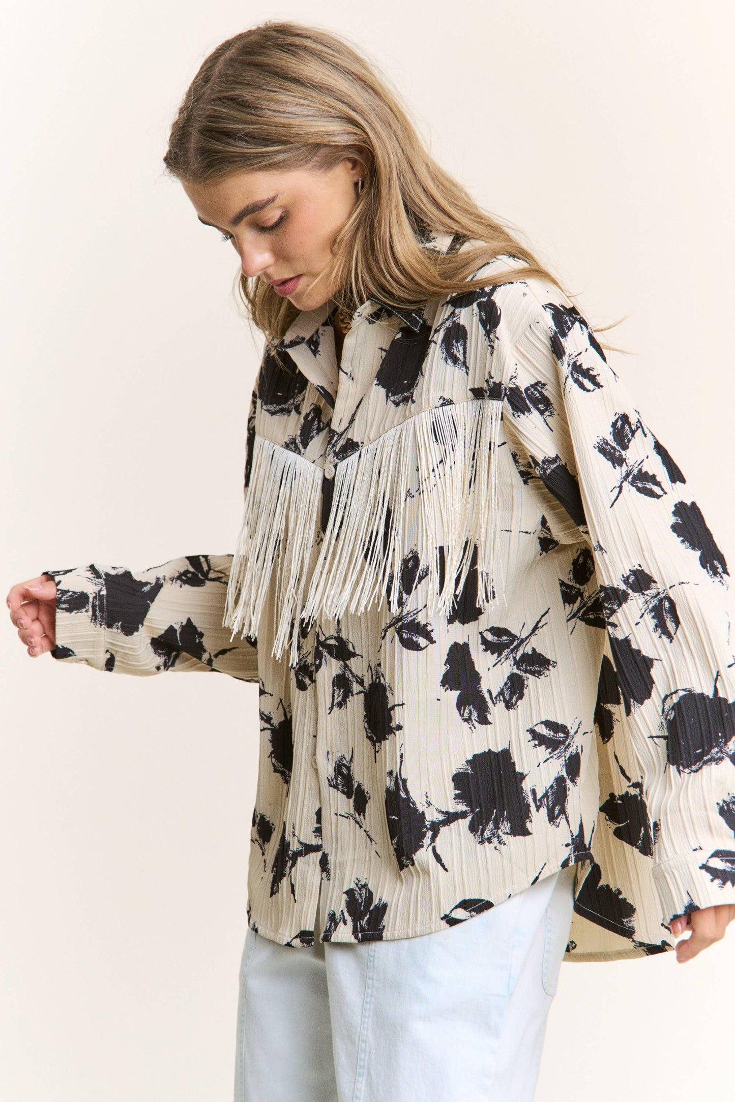 Floral Silhouette Fringe Button Up Blouse