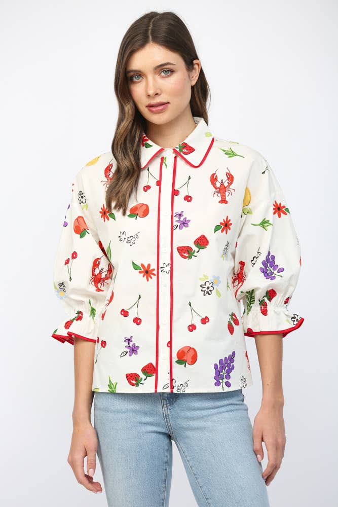 PIPING SUMMER PRINT BUTTON DOWN BLOUSE