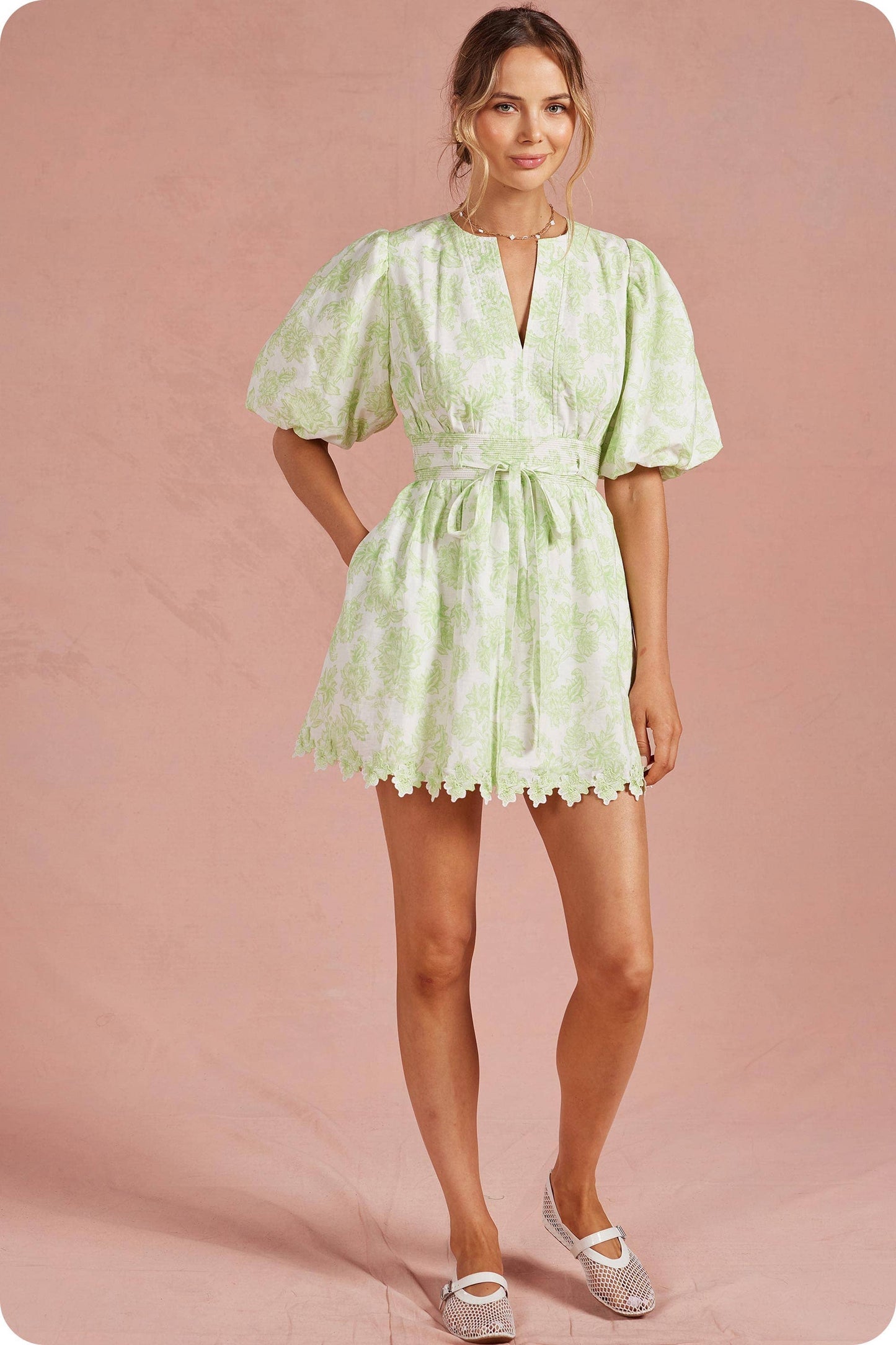 Botanical Garden Scallop Lace Puff Mini Dress