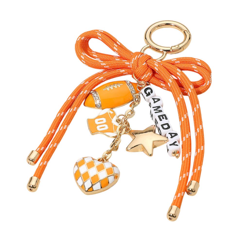 Football Themed Charm GAME DAY Message Beaded Rope Bow Accent Keychain / Bag Charm