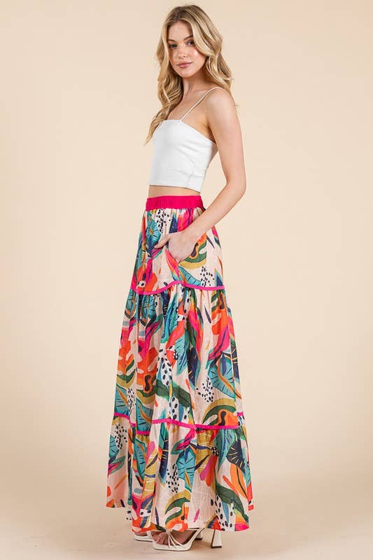 Abstract Print Tiered Maxi Skirt with Contrast Trim