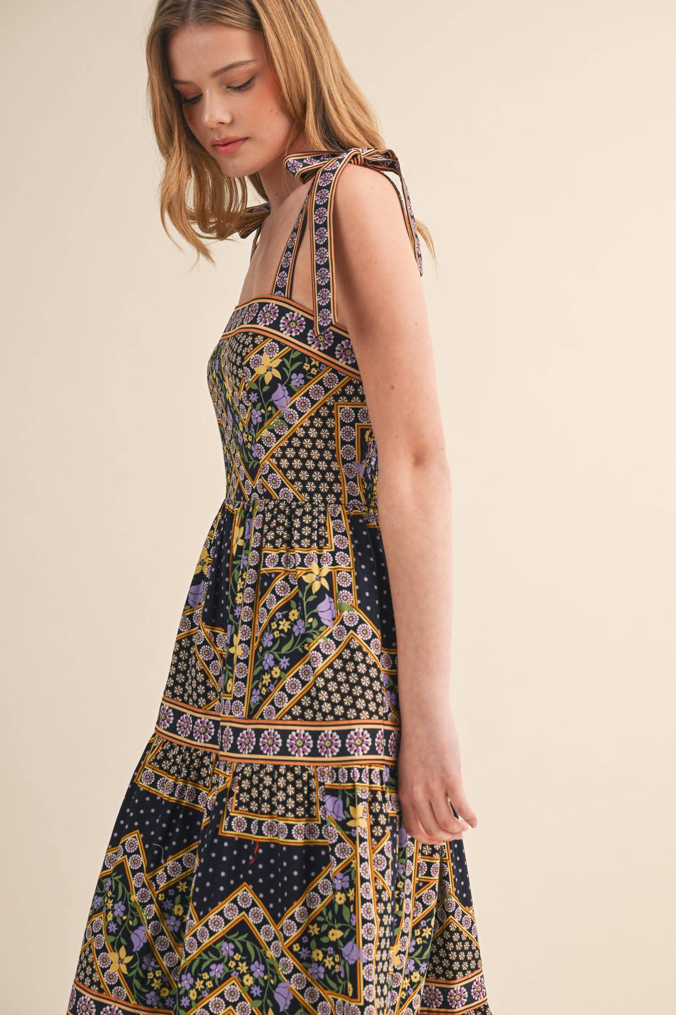 PATCHWORK TIE STRAP MIDI DRESS