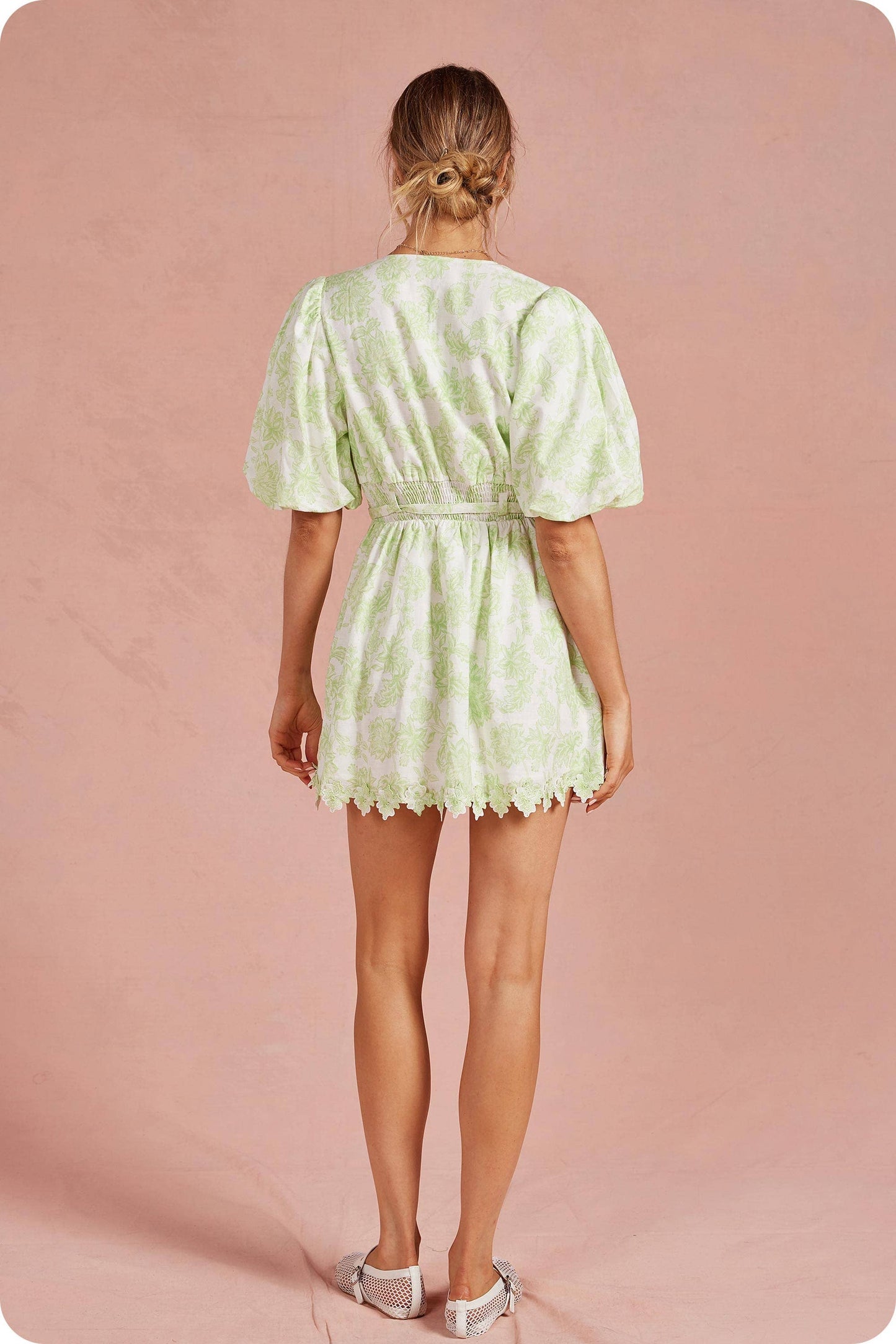 Botanical Garden Scallop Lace Puff Mini Dress