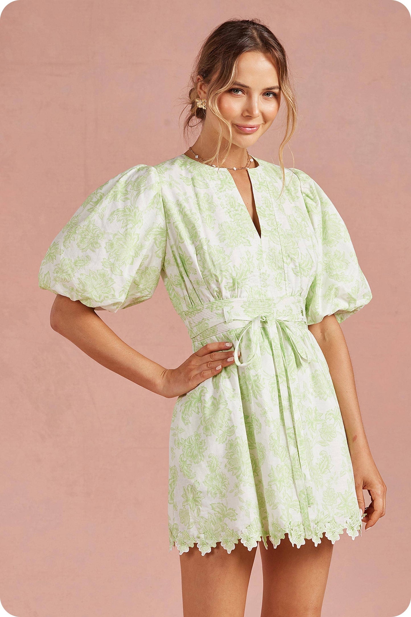 Botanical Garden Scallop Lace Puff Mini Dress