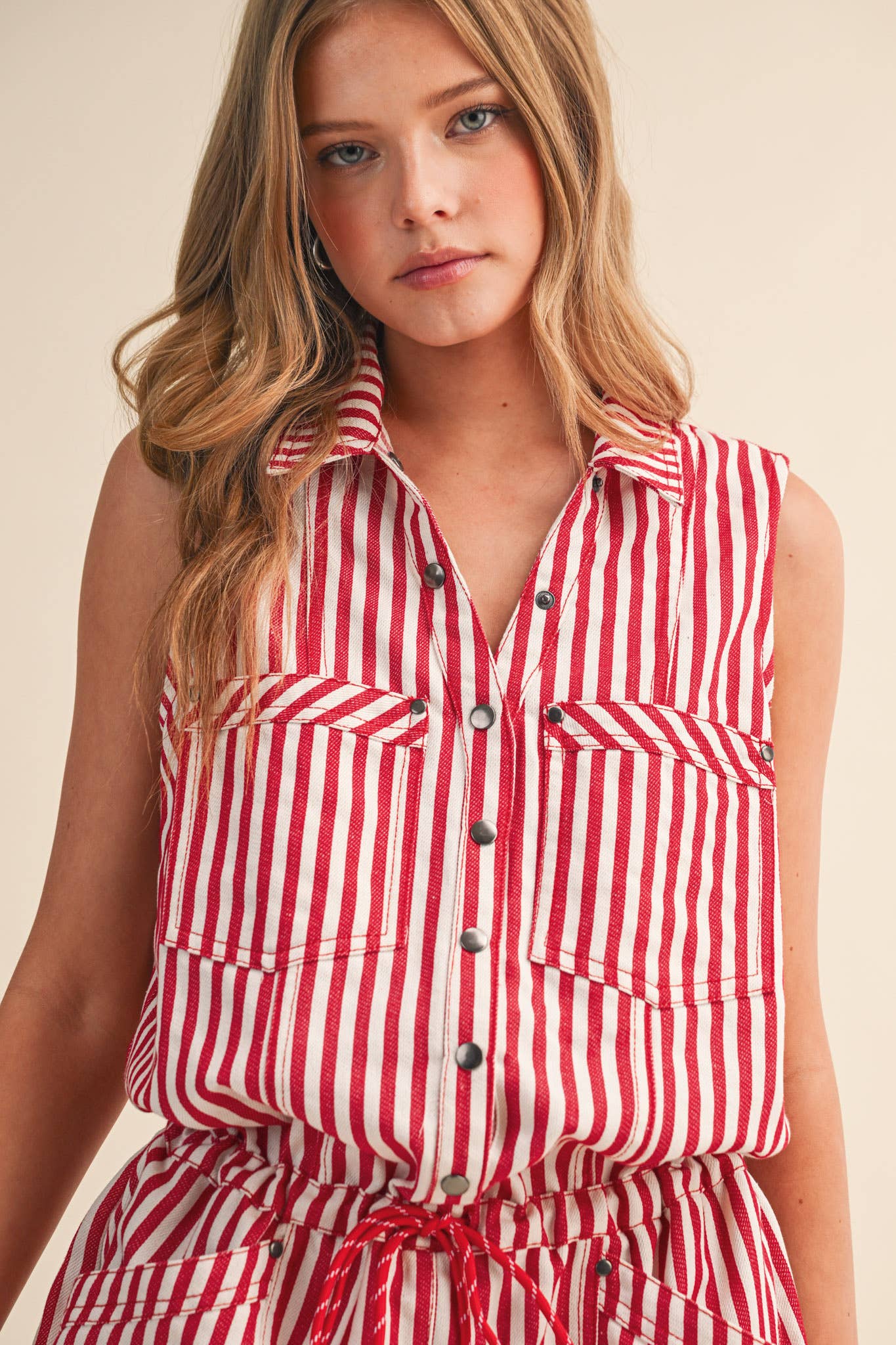 STRIPED BUTTON DOWN SLEEVELESS ROMPER